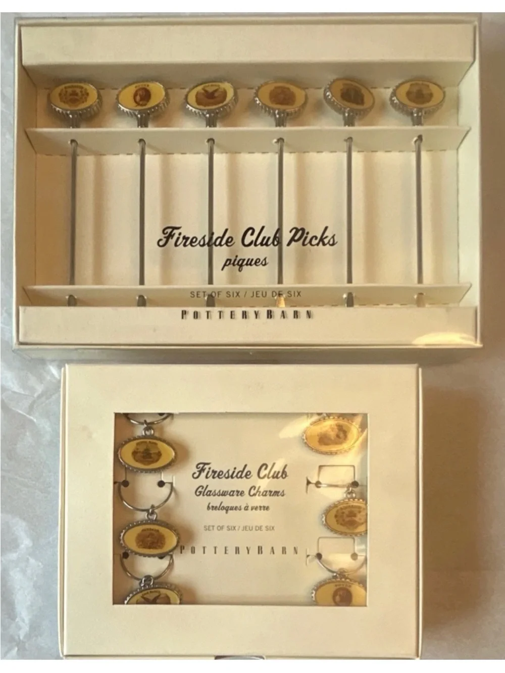 *NEW* VTG Pottery Barn FIRESIDE CLUB  cocktail picks & Glass charms Set Barware